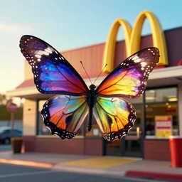 a colorful butterfly outside at mcdonald's, golden hour, cool, colorful, chroma, everdimensional, fast food