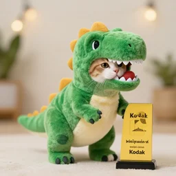 a cat dressed as a cute dinosaur, t - rex, award winning, kodak 5 0 mm, bokeh, 4 k