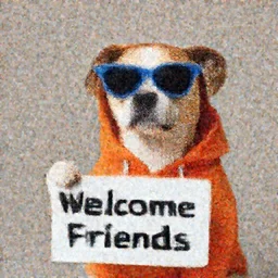 A portrait photo of a dog wearing an orange hoodie and blue sunglasses holding a sign on his hand that says Welcome Friends, subject: dog, subject detail: wearing orange hoodie, wearing blue sunglasses, subject action: holding sign