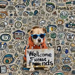A portrait photo of a dog wearing an orange hoodie and blue sunglasses holding a sign on his hand that says Welcome Friends, subject: dog, subject detail: wearing orange hoodie, wearing blue sunglasses, subject action: holding sign