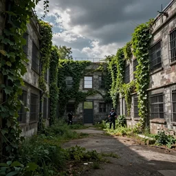 prison overgrown with vines after all the cops accidently kill eachother, photo