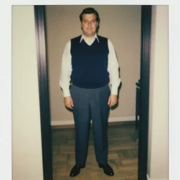 clean - shaven portly white man with neatly styled black hair in his 4 0 s is wearing a dress shirt sweater - vest trouser dress shoes. his is standing in front of a mirror, taking a photo of himself. faded polaroid from 1 9 8 5