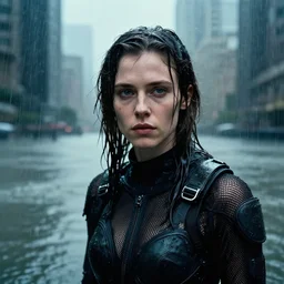 cinestill 5 0 d candid photographic portrait by stanley kubrick of milla jovovich wearing rugged black mesh techwear in treacherous waters, flooded city, medium closeup, retrofuturism cyberpunk moody emotional cinematic, pouring iridescent rain, 8 k, hd, high resolution, 3 5 mm, f / 3 2, ultra realistic face, ex machina