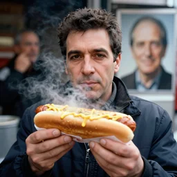 closeup portrait of a man selling hotdogs in a smoky new york back street , by Annie Leibovitz and Steve McCurry, natural light, detailed face, CANON Eos C300, ƒ1.8, 35mm, 8K, medium-format print