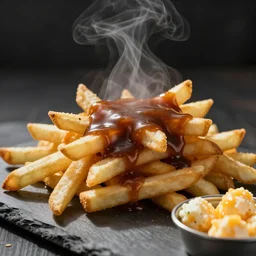 french fries pile, steaming, brown gravy, cheese curds, food photography