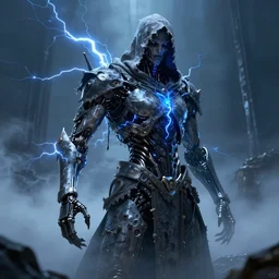 character design, biomechanical arcanist, tattered hood, blue lightning, blue mist, fog, scary, arrogant, photorealistic, cinematic, hyper realistic, octane render, 8 k, wide angle