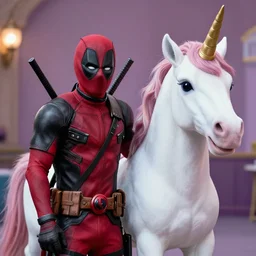 Deadpool from the movie with a unicorn, cinematic, 4k, hd