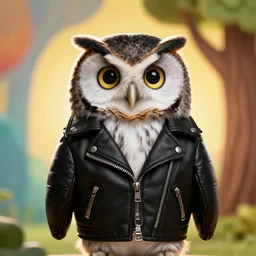 cute owl wearing black biker jacket, portrait photo, backlit, studio photo, background colorful, tree