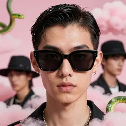 close - up, one fashion model in sunglasses, another fashion model with hat, pink clouds background, green snakes, hyper detailed, photo realistic, vouge style photo, drops of clean water, artwork by tooth wu and wlop and beeple and greg rutkowski