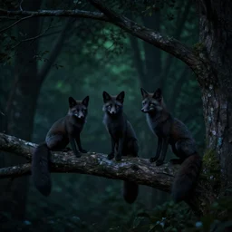 three black foxes sitting on a tree branch at very dark night in a dark green forest, dark night, perspective from below, trending on ArtStation, concept art, cgsociety, octane render, trending on artstation, artstationHD, artstationHQ, unreal engine, 8k