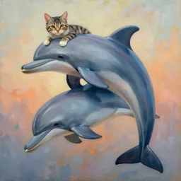 painting of hybrid between cat!!!!! & dolphin, intercrossed animal, mixture animal, by tiffany bozic, by zdzislaw beksinski, organic, nature study, accurate anatomy, cold hue's, warm tone gradient background, concept art, beautiful composition, digital painting,