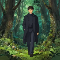 maximalist otherworldly forest walking male, wearing dark coat, trending on pixiv fanbox, painted by makoto shinkai takashi takeuchi studio ghibli, akihiko yoshida, yoshitaka amano, wangechi mutu, clean cel shaded vector art, illustration, hd, 8 k