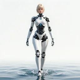 beautiful centered Fine art photo portrait of Sommer Ray as a solarpunk robotic humanoid treading on water, white mechanical parts with led lights, photorealistic, white background, highly detailed and intricate, sun lighting, HDR 8k