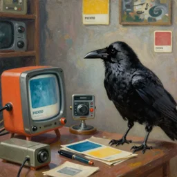 a raven investigating 8 0 s era technology, vintage shapes, retro technology, pantone color, wayne barlow, oil on canvas, deep depth of field, masterpiece, cinematic composition, hyperdetailed