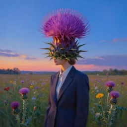 portrait, enormous thistle flower under the head, girl in suit in field of a flowers, surreal photography, sunrise, blue sky, dramatic light, impressionist painting, digital painting, artstation, simon stalenhag