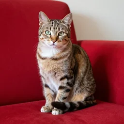 a cat sitting a a red couch