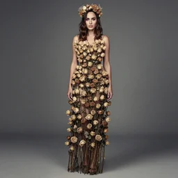 full body fine art photo of the beauty gal gadot, she has a crown of dried flowers and is wearing a fashion conceptaul dress made of dried roses, taken by oleg oprisco