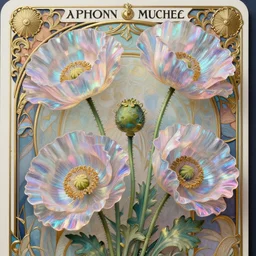poppy flowers, rococo and art nouveau fusion, iridescent diaphanous refractive and reflective flower bouquet, tarot card, highly detailed, deep focus, elegant, digital painting, smooth, sharp focus, illustration, ultra realistic, 8 k, art by artgerm and alphonse mucha
