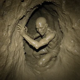 found footage of a humanoid made of wet clay and mud forming out of a wall inside of a cave made of wet clay, creepy, flash photography, unsettling, moist, low quality, dark environment, cavern, spelunking