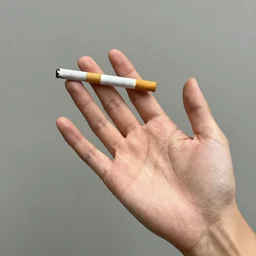 very accurate photo, very coherent image, hyper realistic photo of a female hand, open palm, holding an cigarette between index and middle finger