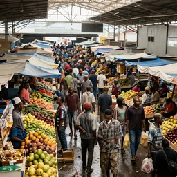 amazon warehouse as informal settlement, big crowds, wet market, fruit stands, eye level