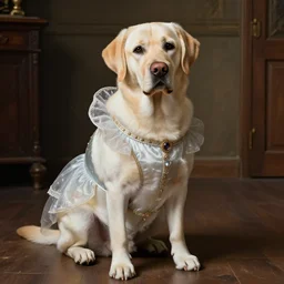 A labrador dog sitting wearing princess clothes, renaissance painting, high quality, high detail - n 9