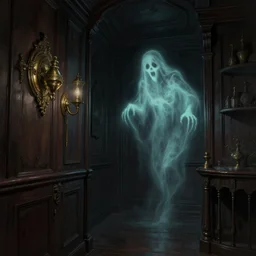fantasy painting dark dingy room in haunted mansion with wood panels, bronze fixtures, frightening glowing ghost terrorizes, incredible detail! eerie! artstation