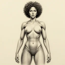 scarlett johansson as baki with perfect symmetrical anatomical proportions, afro samurai animes style, by greg rutkowski, pencil and ink, 3 d effect, dramatic lighting, wide angle lens, full body within frame, wearing leather swim suite, beautiful beach in the background sharp, smooth, intricate detail, hyper detail, magazine cover, vogue