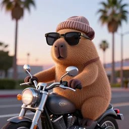 a photorealistic photograph of a knitted cute Capybara wearing stylish sunglasses and dressed in a beanie cap while riding on a motorcycle in Hollywood at dusk. Palm trees in the background. This 4K HD image is Trending on Artstation, featured on Behance, well-rendered, extra crisp, features intricate detail and the style of Unreal Engine.