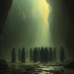 a place where lost souls gather, melancholic, dramatic, emotional, cinematic, masterpiece by ruan jia, beksinski, caravaggio, jakub rebelka, android jones