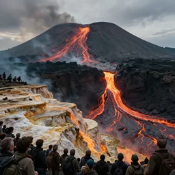 downward view of diver plunging downward at Mount Vesuvius, thermic lava flowing down fire travertine terraces below, epic fantasy, crowd of people watching, Photorealistic, horror, establishing shot, cinematic lighting, , dramatic lighting, atmospheric, realistic, octane render, highly detailed, color graded, matte painting in the style of craig mullins