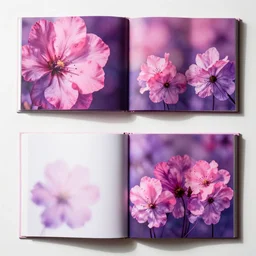 flatlay book collection, vivid colors, dramatic lighting, pink and purple flowers