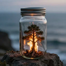 glass jar ( with metal lid ) with a miniature burning tree inside, standing on a cliff, bokeh, ocean in the background, metal lid, dramatic lighting, hyperrealistic, volumentric lighting, highly detailed