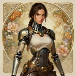 portrait of lara croft, robot steampunk, floral! horizon zero dawn machine, intricate, elegant, highly detailed, ray tracing, digital painting, artstation, concept art, smooth, sharp focus, illustration, art by artgerm and greg rutkowski and alphonse mucha, 8 k