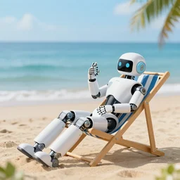 robot on the beach on holiday, relaxing on a beach chair next to the ocean