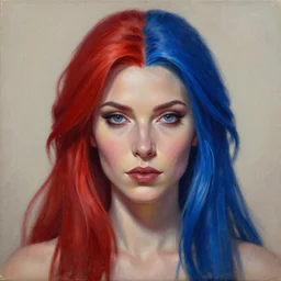 a detailed matte oil on canvas head on symmetrical portrait of a distinguished elven woman with separated red and blue hair ( ( ( ( ( makeup ) ) ) ) ) by charlie bowater and lise deharme wlop, trending on artstationhd, dungeons and dragons art critical role, half and half hair dye, split hair dye, two tone hair dyy