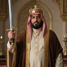 a big middle eastern king standing in his room holding his sword up while his crown is on his head make it look really realistic and interact with the lighting also make the face look realistic photo - realistic 4 k