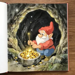 dwarf mining for gold in a sparkling dark cave, from ghibli studio, watercolor illustration for book