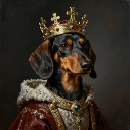 an oil painting portrait of a dachshund wearing medieval royal robe and an ornate crown on a dark background, digital Art, concept Art, highly detailed, 3-D 4K, trending on art station, Award winning, Mark Brooks