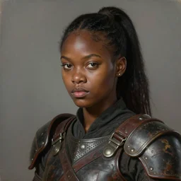 portrait painting of a round - faced black badass young woman with a ponytail wearing battered leather armor, sharp focus, award - winning, trending on artstation, masterpiece, highly detailed, intricate. art by aurore folny