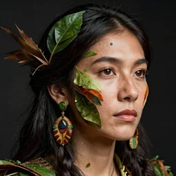 portrait photo of a woman with Iroquois made from plant parts, Perfect face, extremely high details, realistic, by Giuseppe Arcimboldo, Edward Hopper, Rene Margitte