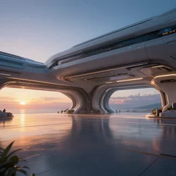 futuristic hangar, crisp, artstation, luxury, beautiful, dim painterly volumetric aquatic sunset lighting, 3 d concept art
