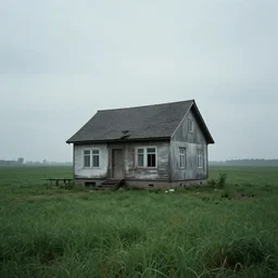 An uncanny house in a flat green grass platform, depressing.