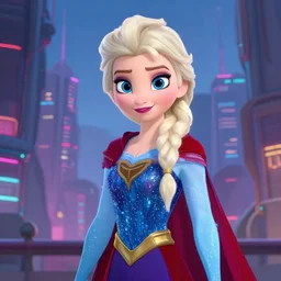 elsa from frozen as a superhero in a dystopian cyberpunk city, animated style, cartoon style
