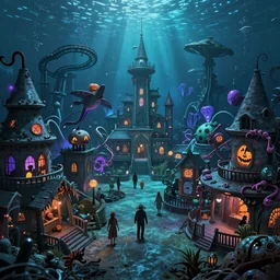 a horror based underwater suburban amusement park that incorporates darker halloween and ocean elements in its design imagery and features attractions and houses, halloween decorations, atlantis, shipwrecks, spooky, amusement park attractions, deep sea, horror themed, fun, in the style of stephen silver and genndy tartakovsky