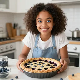 young female black hair bright big blue eyes and a huge smile baking blue berry pie in a small kitchen, 8k, ultra detailed, scene