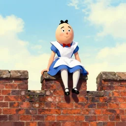 humpty dumpty, an egg man sitting at the top of an old brick wall, alice in wonderland, artstation
