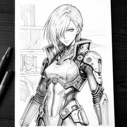 nyx from warframe, portrait, cyberpunk 2 0 2 0 manual, by steampoweredmikej, by tim bradstreet, inktober, ink drawing, black and white, coloring pages, manga, highly detailed