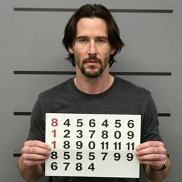 a photo of an arrest mugshot of keanu reeves after being arrested, holding a sign with random numbers, 8 k resolution, photorealistic