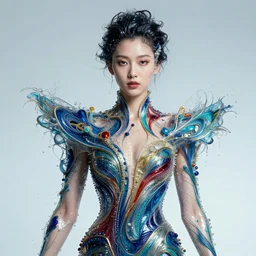 half body portrait of 2 0 - year - old woman, in an outfit made of water, photo by greg rutkowski, high fashion, androgyn beauty, intricate detail, elegance, sharp shapes, soft lighting, vibrant colors, masterpiece